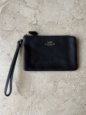 Authentic Coach Black Leather Wristlet with Gold Logo Accent